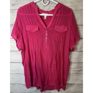 Dressbarn Women's 2X Pink Semi Sheer Blouse Short Sleeve Button Front Top